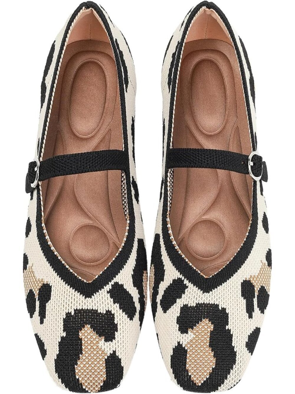 Women's Leopard Print Knit Flats Square Toe Casual Ballet Flat Ankle Strap Shoes